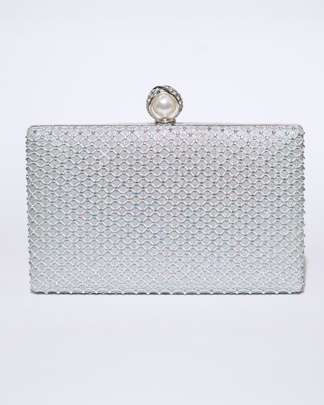 Clutch Crystal Pearl – plic argintiu cu cristale și închidere tip perlă
