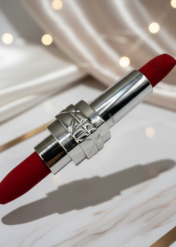 Ruj Iconic Dior Rouge Dior roșu intens, dublu capăt, pe fundal elegant, ruj de lux pentru machiaj buze perfecte