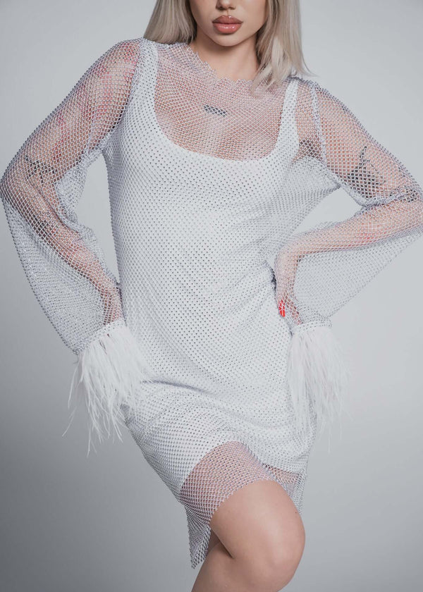 Rochie Bling Diva scurta, dublă, cu strat interior elastic și plasă cu pietre, stil Mini Couture Stones