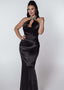 Rochie Bling Enchant din satin negru lucios, croială mulată, decolteu halter și guler bijuterie decorat cu cristale