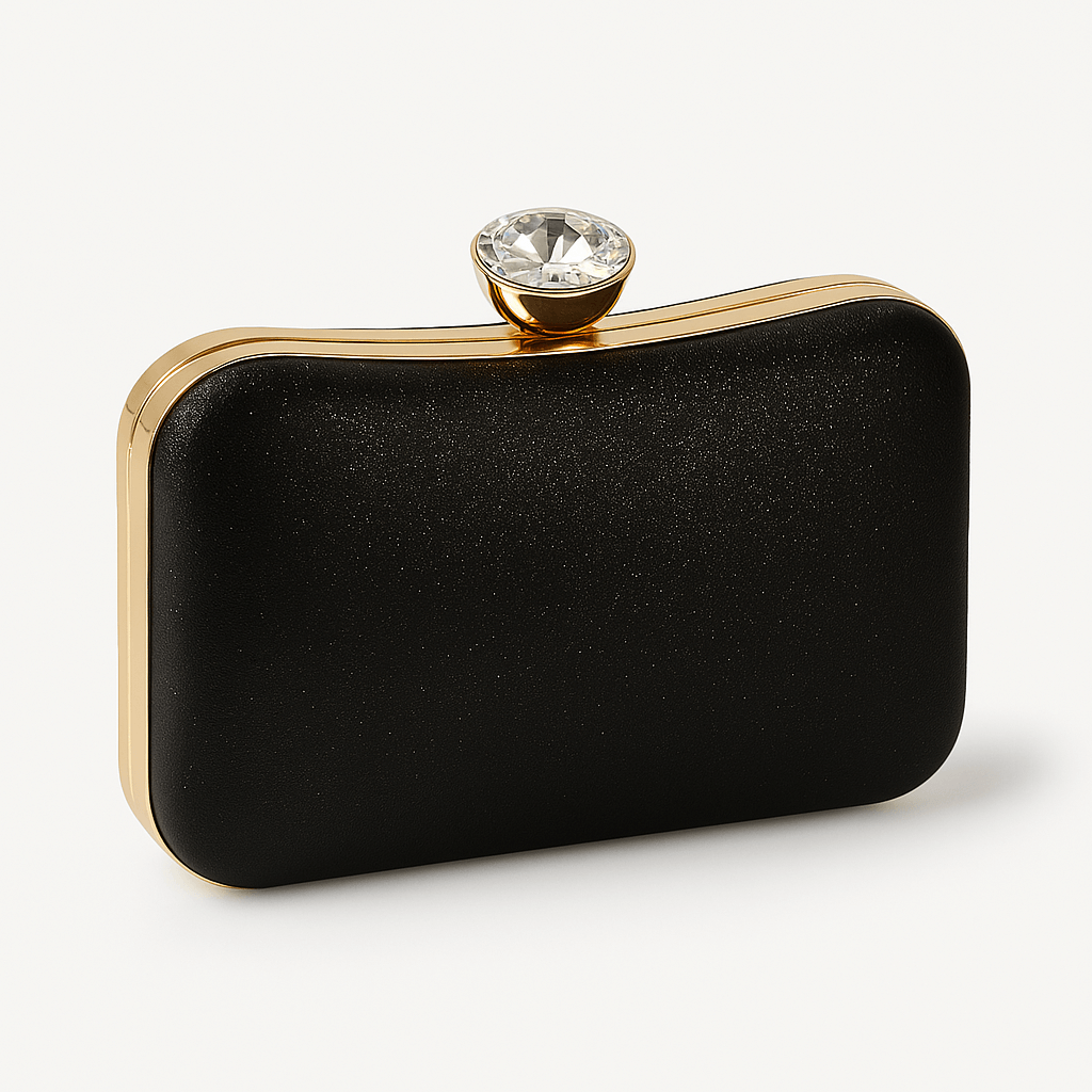Geantă clutch neagră cu închizătoare tip diamant și margini aurii, accesoriu elegant pentru ținute rafinate.