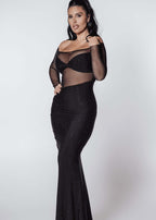 Rochie Bling Goddess – rochie lungă neagră din lycra cu cristale, de seară, tip sirenă, cu mâneci lungi din tull