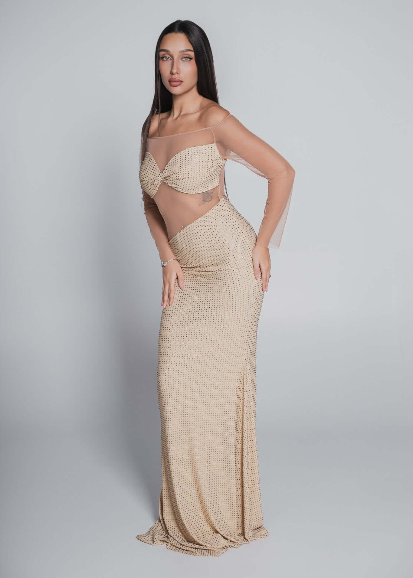 Rochie Bling Goddess lungă neagră cu cristale, lycra elastică cu efect modelator, ideală pentru ținute de seară elegante