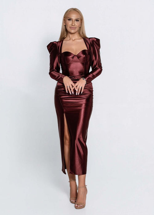Rochie LUNEVA midi din lycra premium dens, burgundy, cu despicătură pe picior și umeri structurați, eleganță de seară