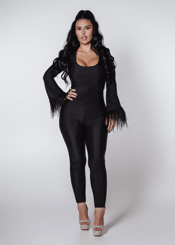 Salopeta Bling Obsession - lycra cu cristale, mâneci lungi, evazate