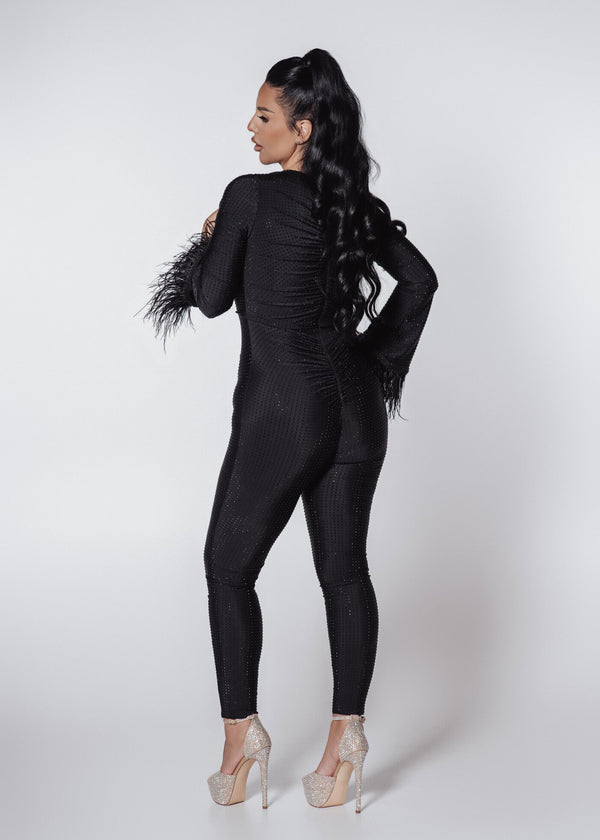 Salopeta Bling Obsession - lycra cu cristale, mâneci lungi, evazate