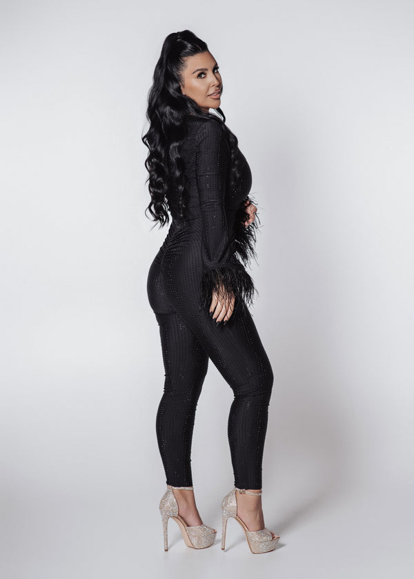 Salopeta Bling Obsession - lycra cu cristale, mâneci lungi, evazate