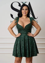 Rochie Salomeea verde smarald cu paiete și bretele cu pene - Sia House Sia House pentru femei elegante