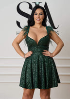 Rochie Salomeea verde smarald cu paiete și bretele cu pene - Sia House Sia House pentru femei elegante