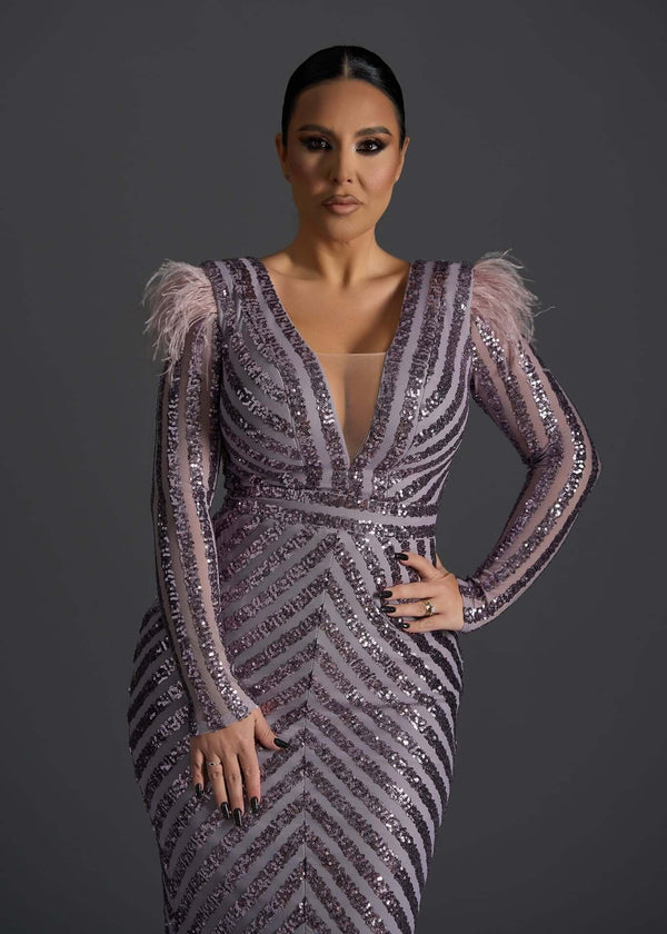 Rochie SIA Edge of Elegance midi creion mov cu paiete și pene la umeri, rochie de seară elegantă pentru ocazii speciale