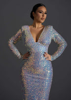 Alt Tag: Rochie midi Savage Pearl cu paiete multicolore, decolteu adânc în V și mâneci lungi, look elegant și strălucitor