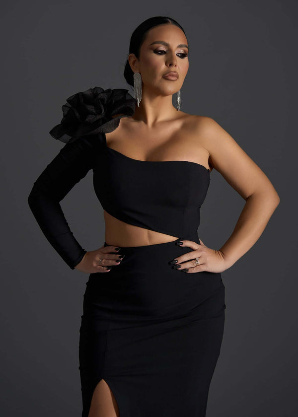 Rochie Midi Obsidian Flame by Sia House - Umăr Asimetric și Floare 3D Sia House pentru femei elegante
