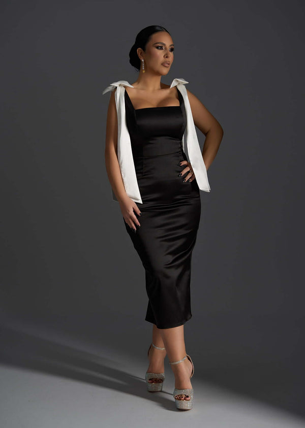 Rochie midi SIA Angel Lust neagră din tafta cu bretele albe tip fundă, croială mulată elegantă pentru ocazii speciale