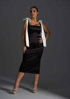 Rochie Midi SIA Angel Lust neagră din tafta cu detalii din satin și perle, model elegant pentru ocazii speciale