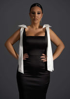 Rochie Midi SIA Angel Lust neagră din tafta cu bretele satin și perle, model elegant de seară pentru evenimente speciale