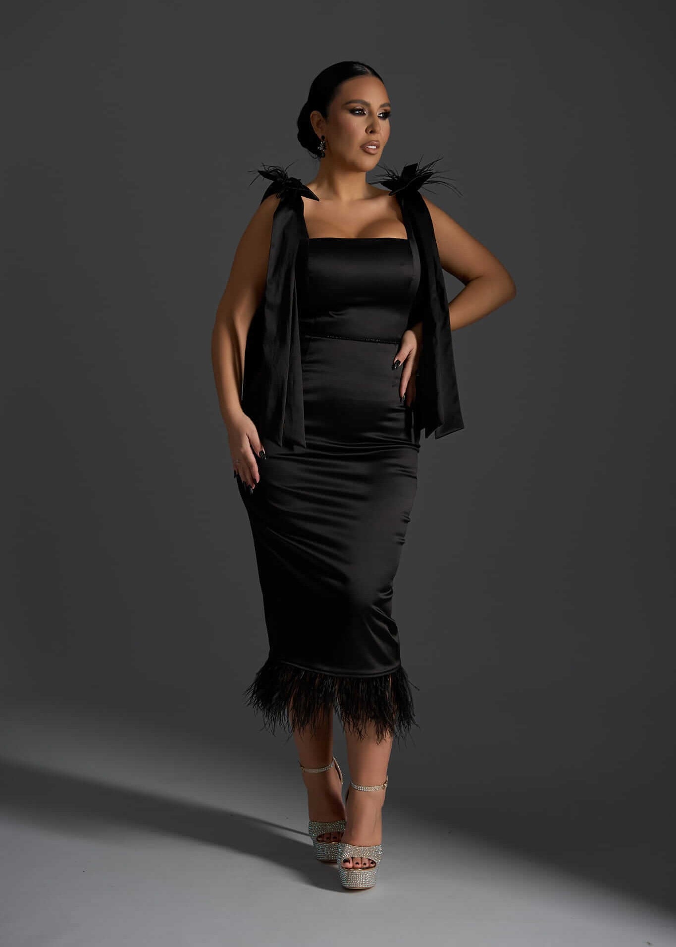 Black Widow - Rochie midi neagră cu aplicații din pene by Sia House Sia House pentru femei elegante Imagine principală a produsului