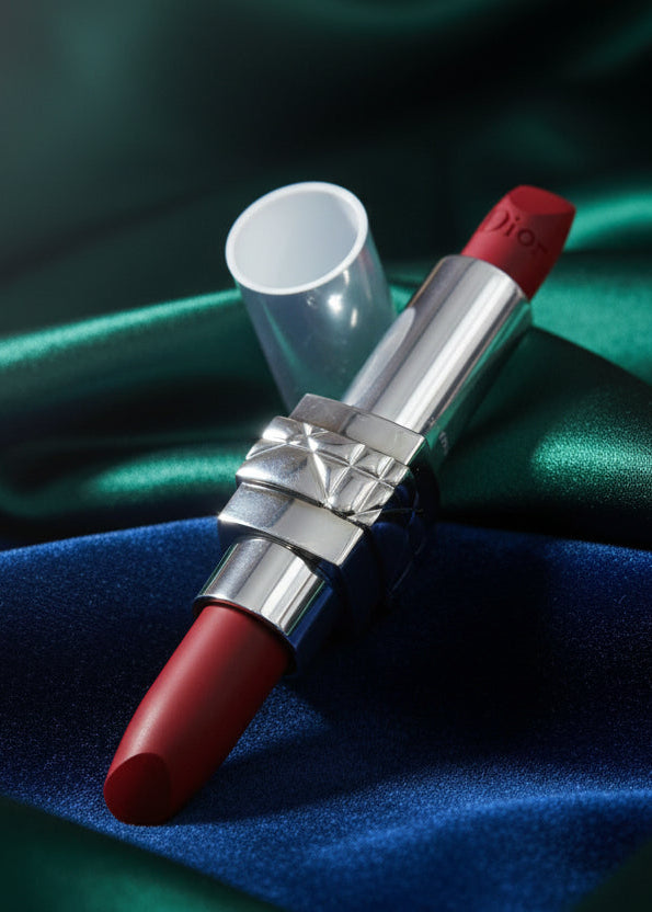 Ruj Iconic Dior Rouge Dior roșu intens, ruj de lux pe material satinat verde și albastru, machiaj premium buze