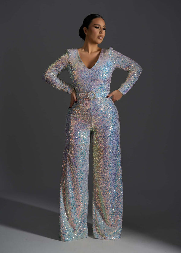 Salopeta SIA Cosmic Spark, salopetă elegantă cu paiete multicolore irizate pentru ocazii speciale