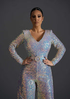 Salopeta SIA Cosmic Spark, salopetă elegantă cu paiete multicolore irizante, de seară, pentru evenimente speciale