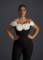 Salopeta eleganta SIA off-shoulder neagra Loyal Mistress cu detalii florale 3D pe bust