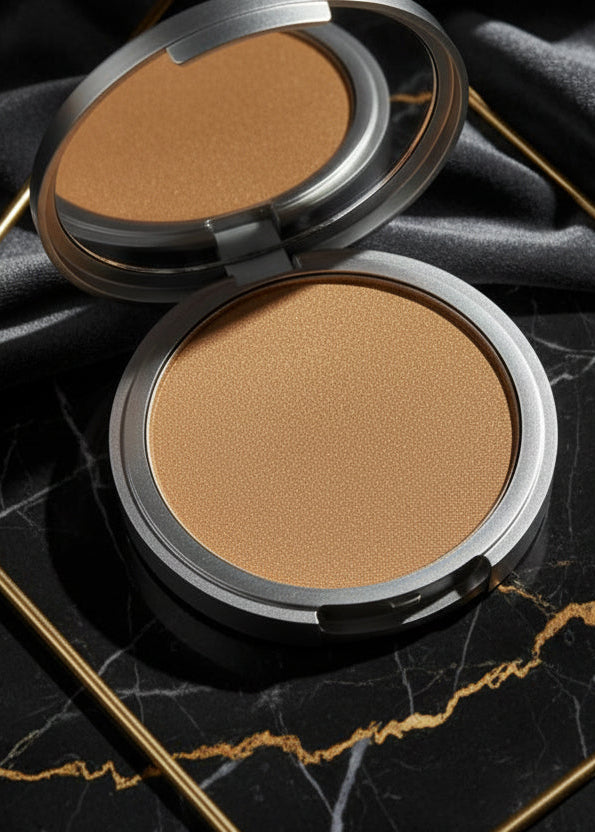 Iluminator și bronzer multifuncțional The Balm Betty-Lou Manizer, pudră compactă cu strălucire aurie pe fundal negru elegant