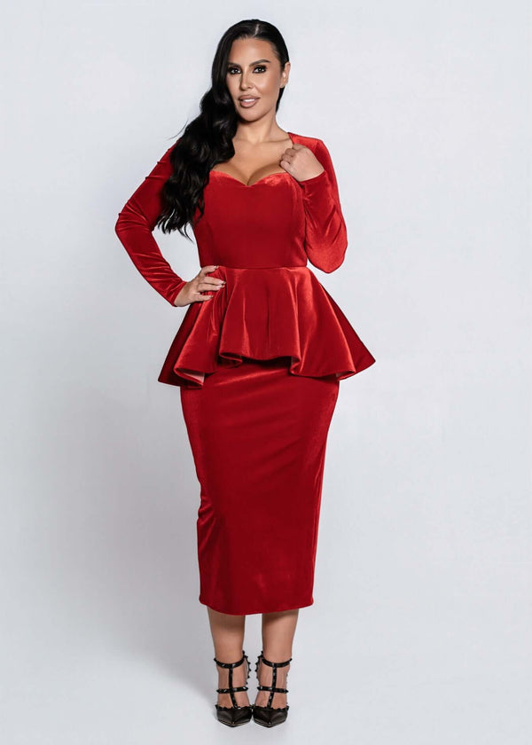 Rochie SIA Velvet Sinner midi din catifea roșie, croială tip creion cu peplum, elegantă pentru evenimente speciale