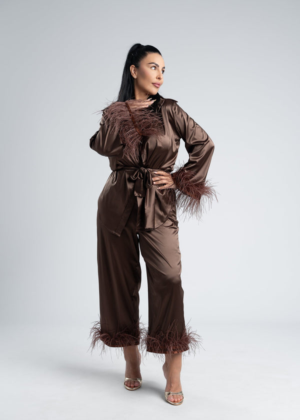 Costum satin mătase cu pene Zeyna
