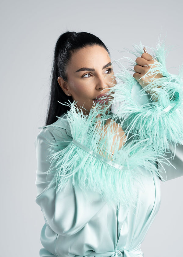 Costum satin mătase cu pene Zeyna